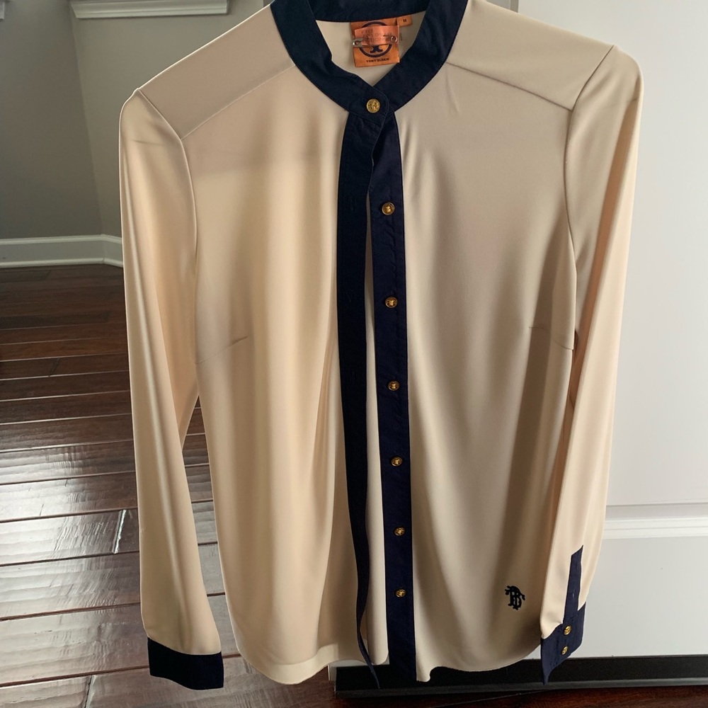 Tory Burch cream and blue piped blouse